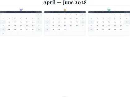 April–June 2028 Calendar thumbnail