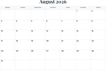 August 2026 Calendar thumbnail