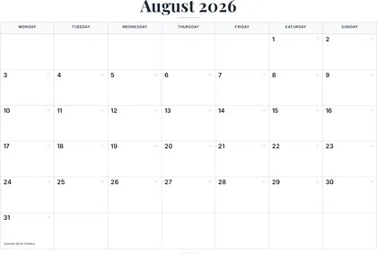 August 2026 Calendar thumbnail