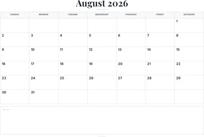 August 2026 Calendar thumbnail