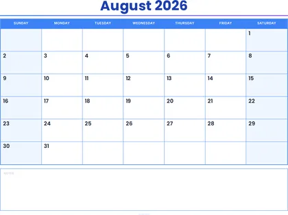 August 2026 Calendar thumbnail
