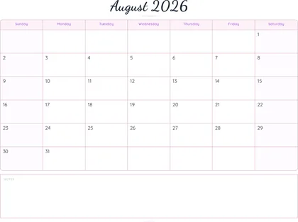 August 2026 Calendar thumbnail