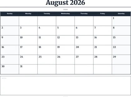 August 2026 Calendar thumbnail