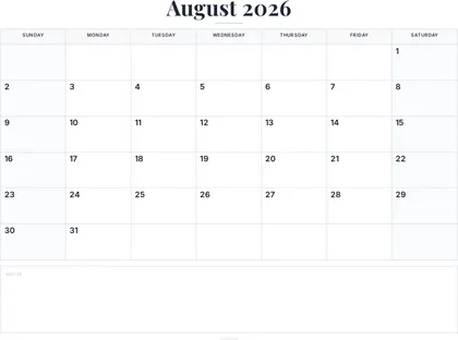 August 2026 Calendar thumbnail