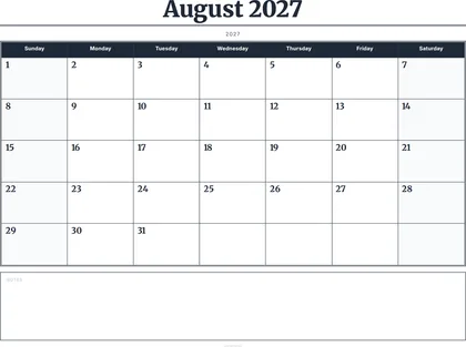 August 2027 Calendar thumbnail
