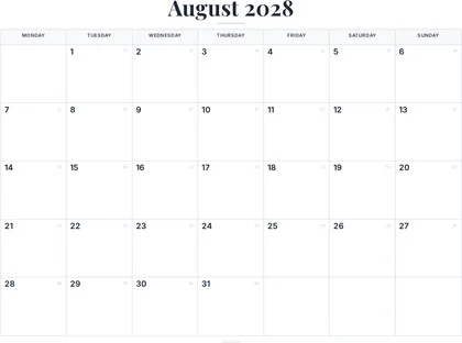 August 2028 Calendar thumbnail