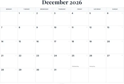December 2026 Calendar thumbnail