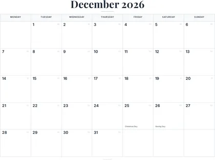 December 2026 Calendar thumbnail