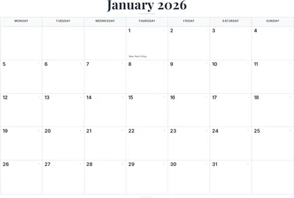 January 2026 Calendar thumbnail