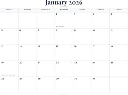 January 2026 Calendar thumbnail