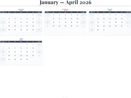 January–April 2026 Calendar thumbnail