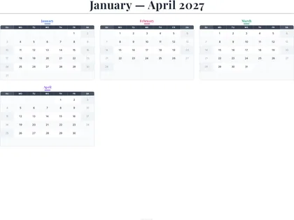 January–April 2027 Calendar thumbnail