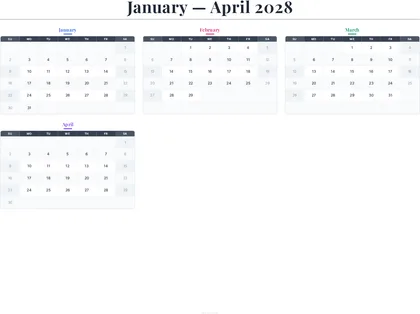 January–April 2028 Calendar thumbnail