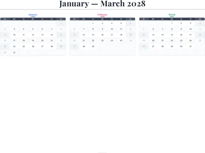 January–March 2028 Calendar thumbnail