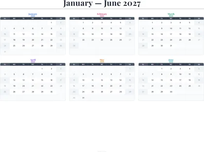 January–June 2027 Calendar thumbnail