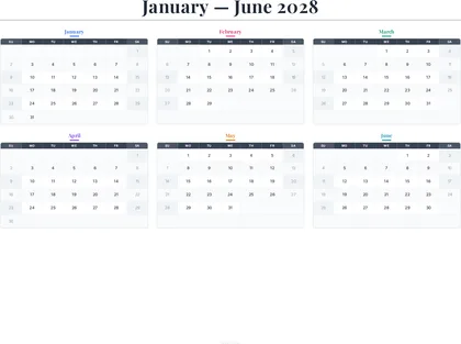 January–June 2028 Calendar thumbnail