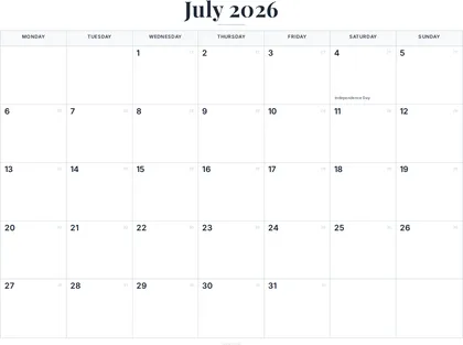 July 2026 Calendar thumbnail