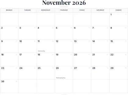 November 2026 Calendar thumbnail