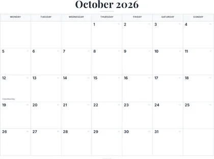 October 2026 Calendar thumbnail