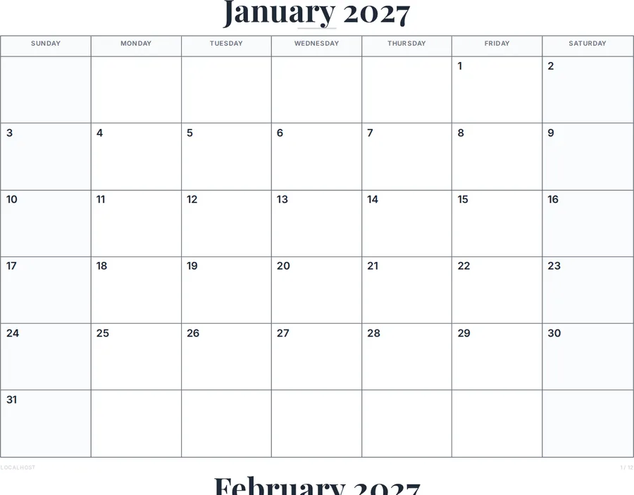 2027 Monthly Calendar Printable preview