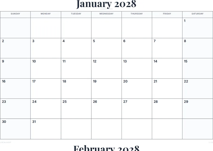 2028 Calendar Pages (12-Month Pack) preview