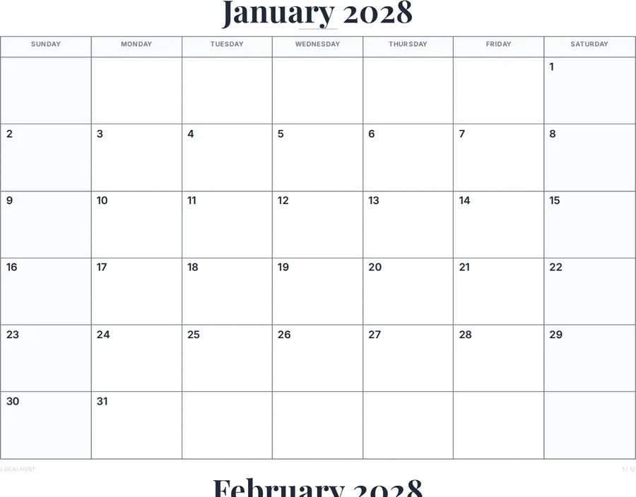 2028 Calendar PDF preview