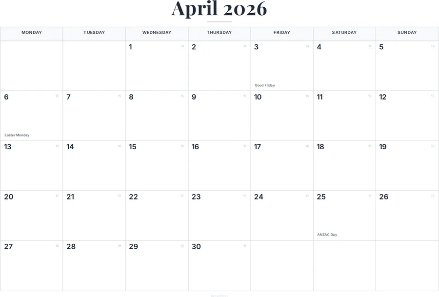 April 2026 Calendar Printable with Australia Holidays preview