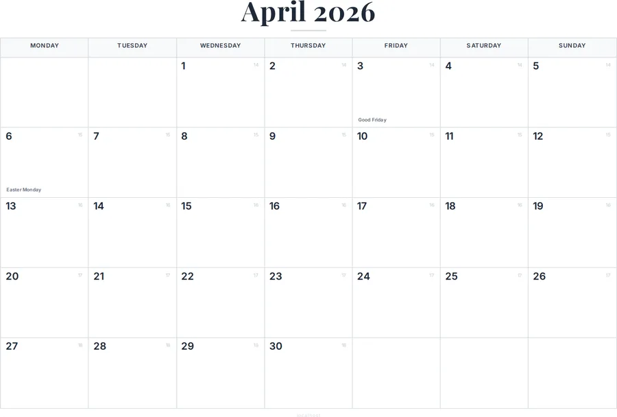 April 2026 Calendar Printable with UK Holidays preview