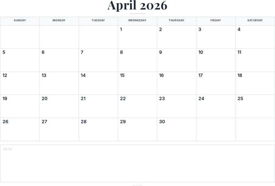 April 2026 Calendar Printable with Notes preview