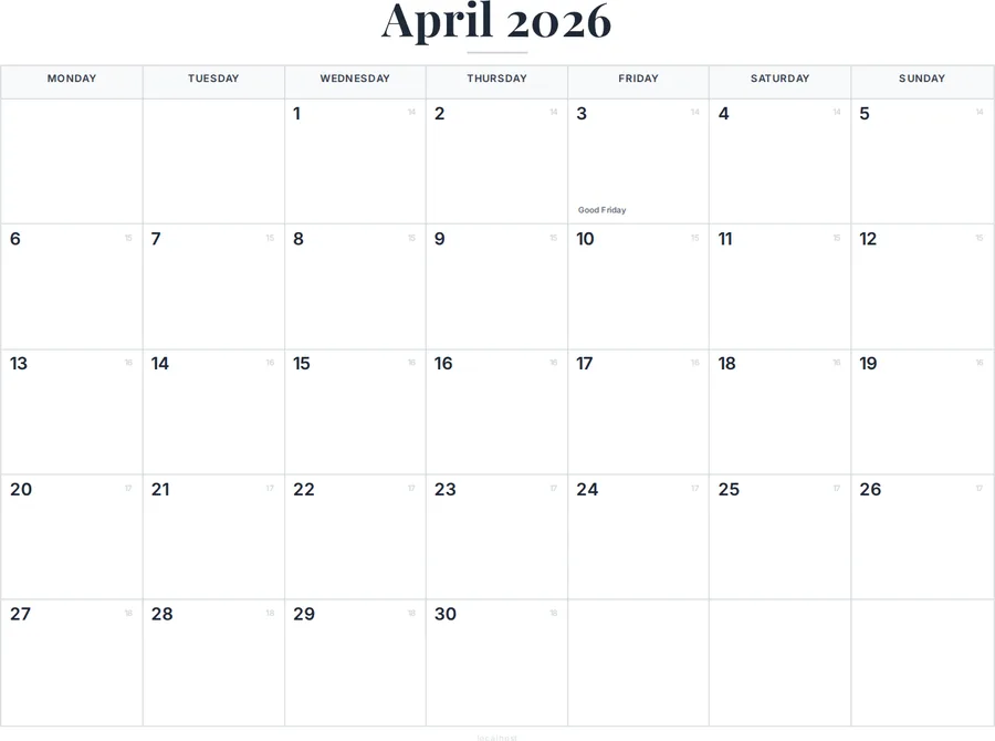 April 2026 Calendar Printable with Canada Holidays preview