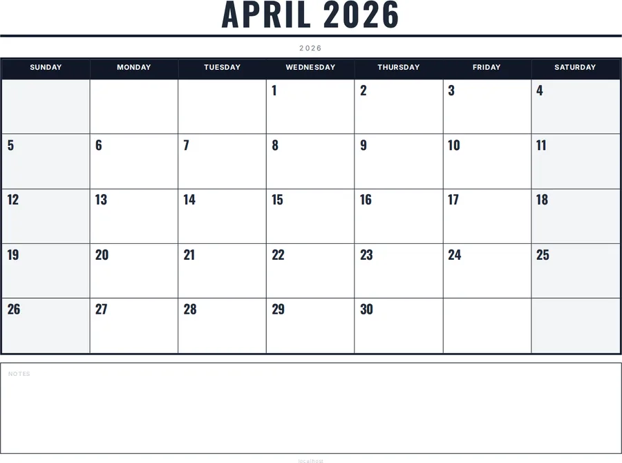 April 2026 Calendar Printable with Notes - Bold preview