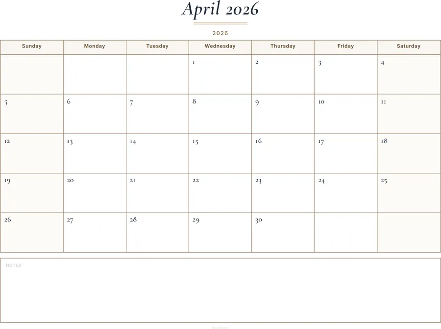 April 2026 Calendar Printable with Notes - Classic preview