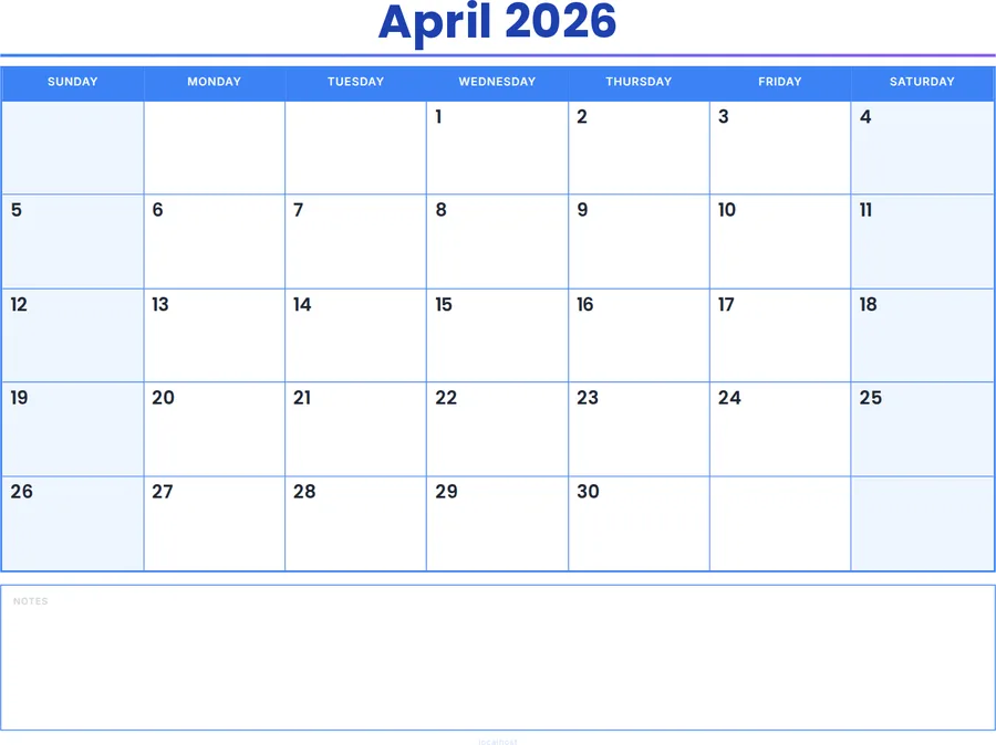 April 2026 Calendar Printable with Notes - Colored Header preview