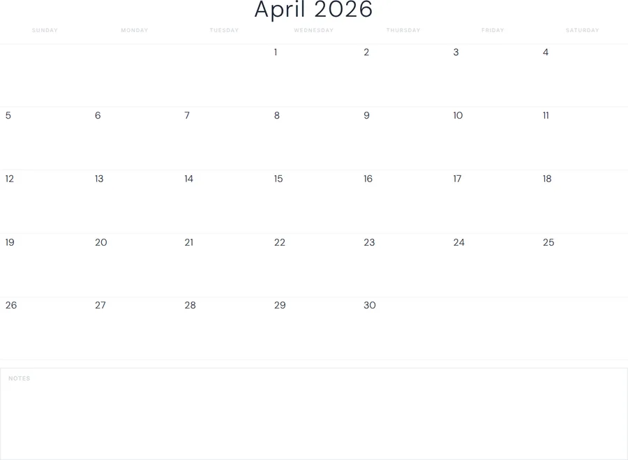 April 2026 Calendar Printable with Notes - Minimal preview