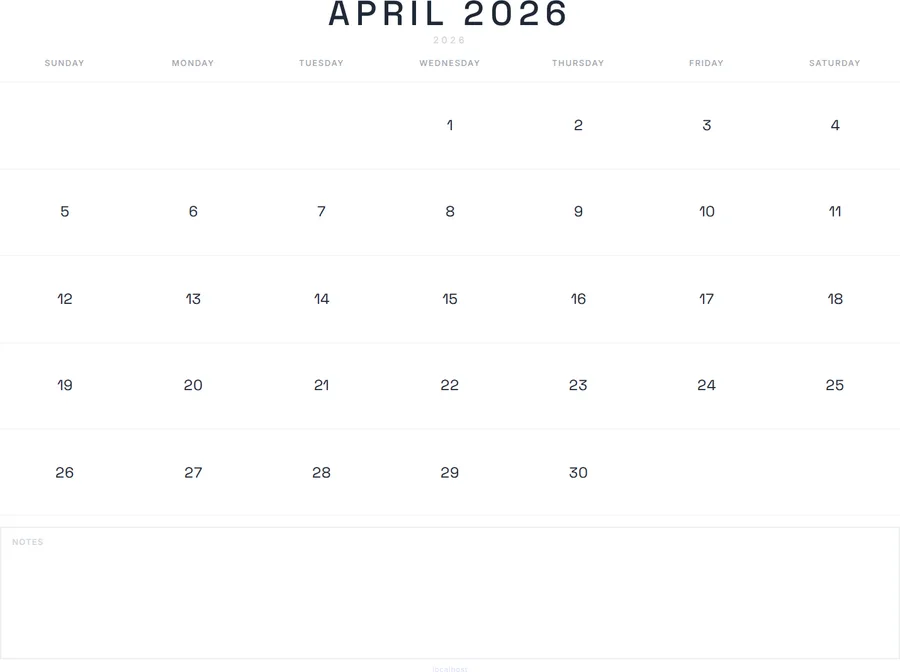 April 2026 Calendar Printable with Notes - Modern preview