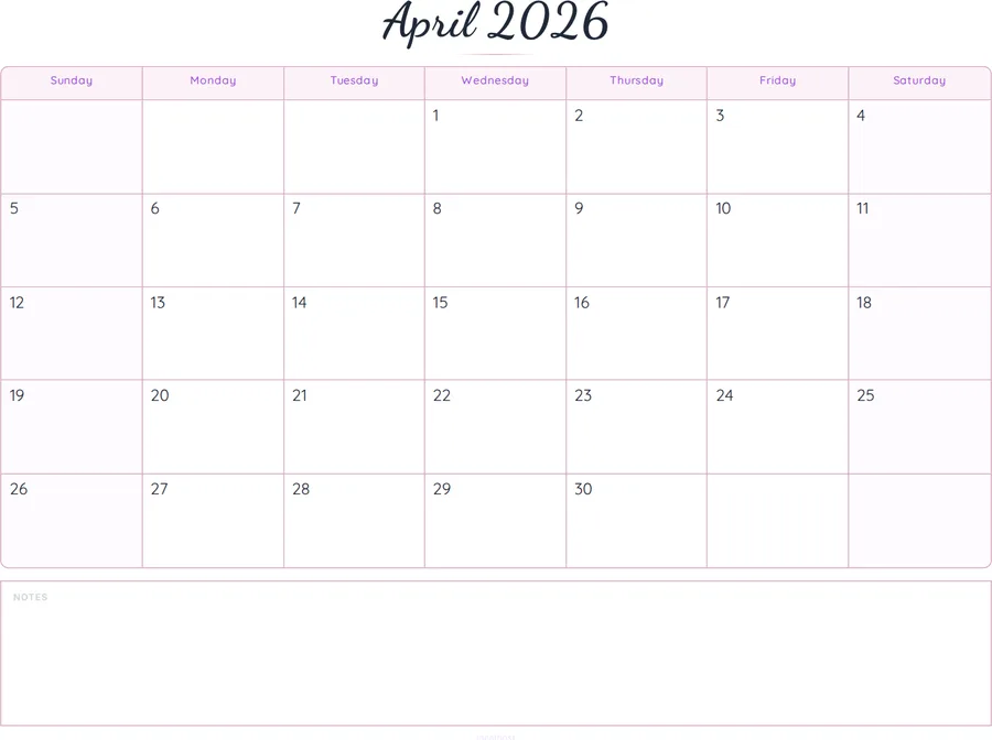 April 2026 Calendar Printable with Notes - Script preview