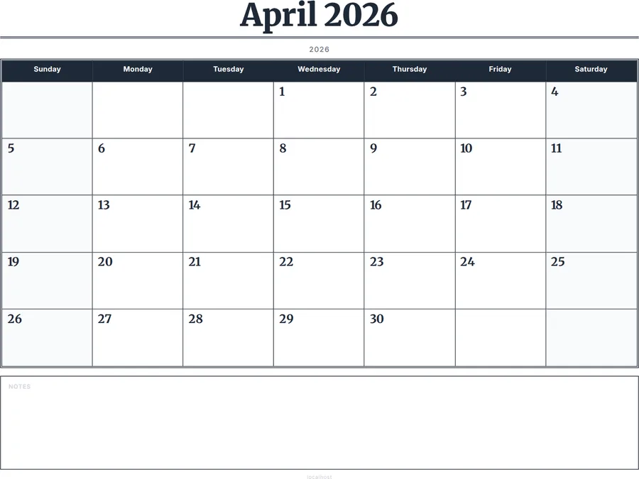 April 2026 Calendar Printable with Notes - Serif Grid preview