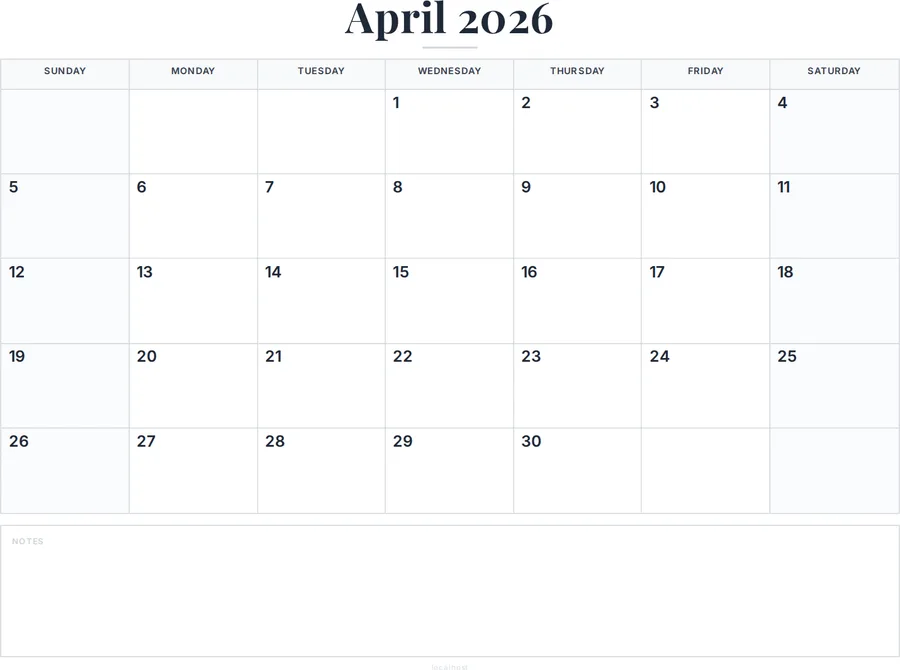 April 2026 Calendar Printable with Notes preview