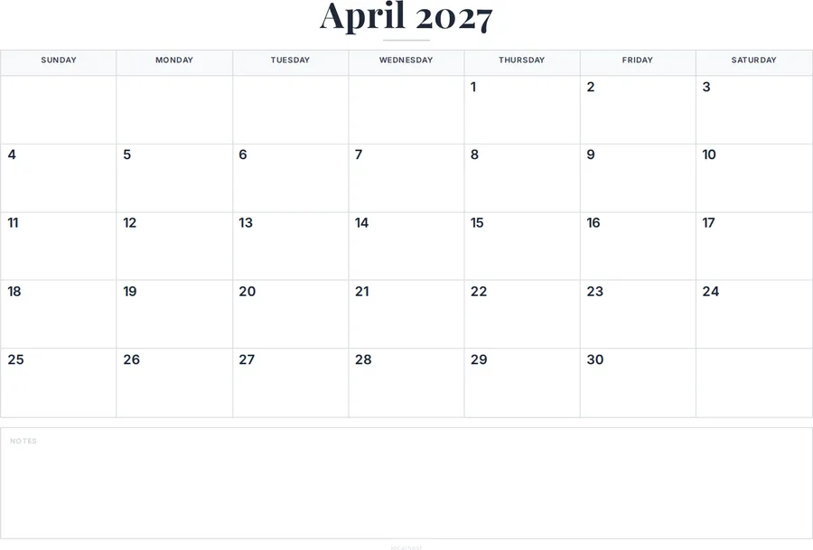 April 2027 Calendar Printable with Notes preview