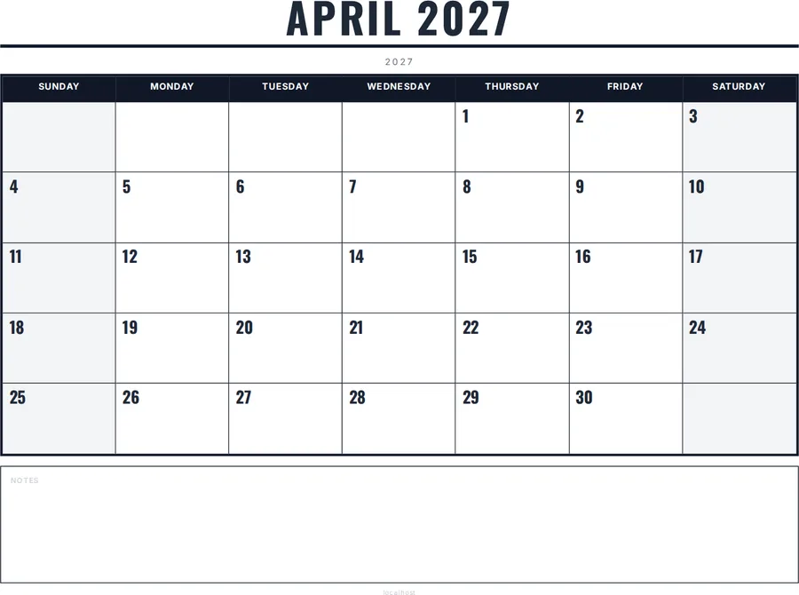 April 2027 Calendar Printable with Notes - Bold preview