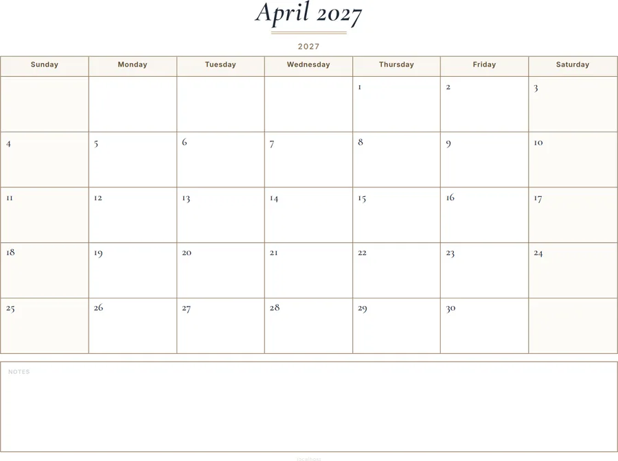 April 2027 Calendar Printable with Notes - Classic preview