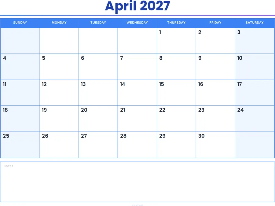 April 2027 Calendar Printable with Notes - Colored Header preview