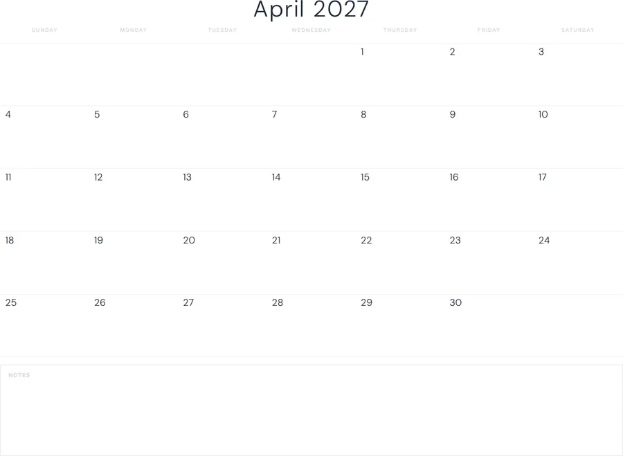 April 2027 Calendar Printable with Notes - Minimal preview