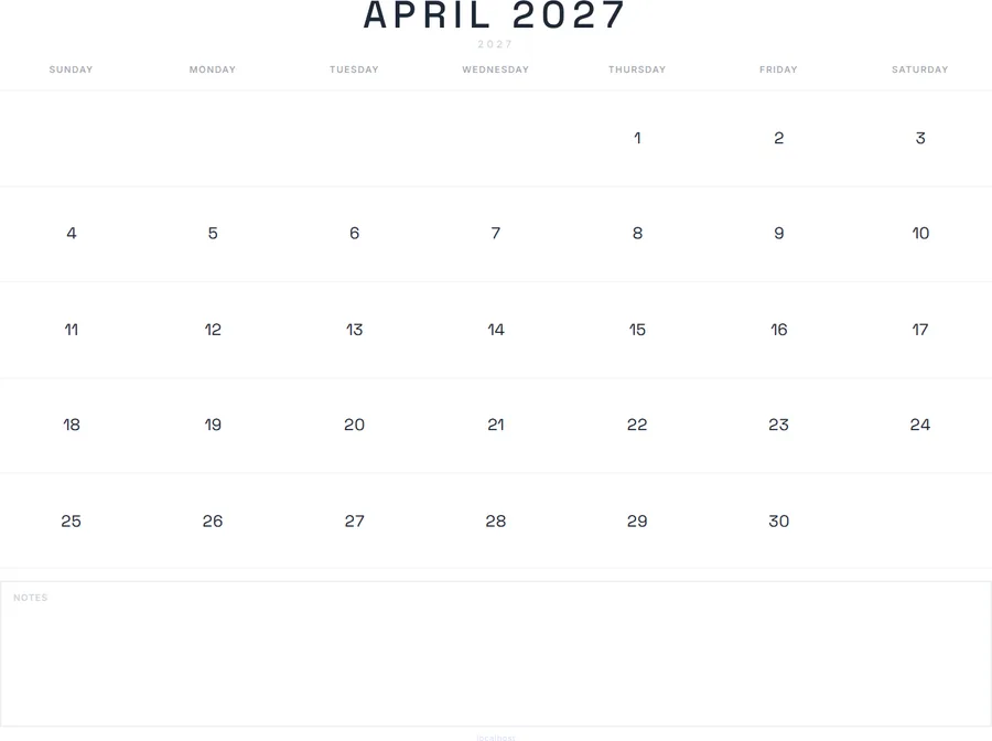 April 2027 Calendar Printable with Notes - Modern preview