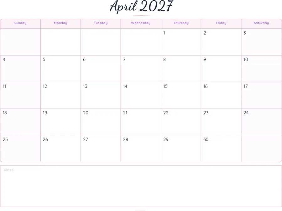 April 2027 Calendar Printable with Notes - Script preview