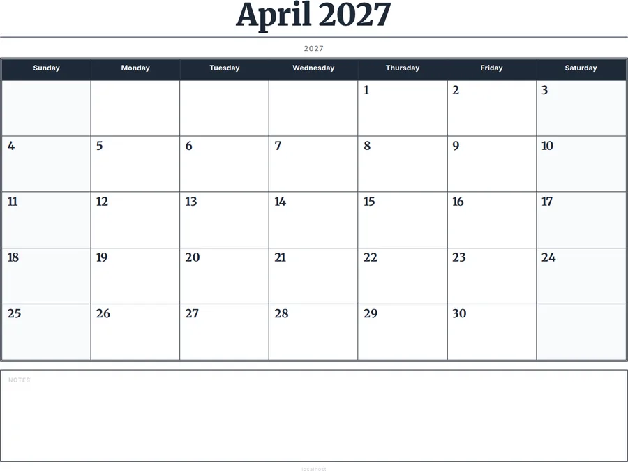 April 2027 Calendar Printable with Notes - Serif Grid preview