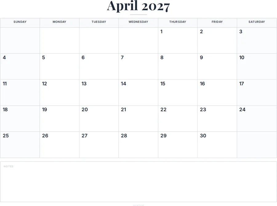 April 2027 Calendar Printable with Notes preview