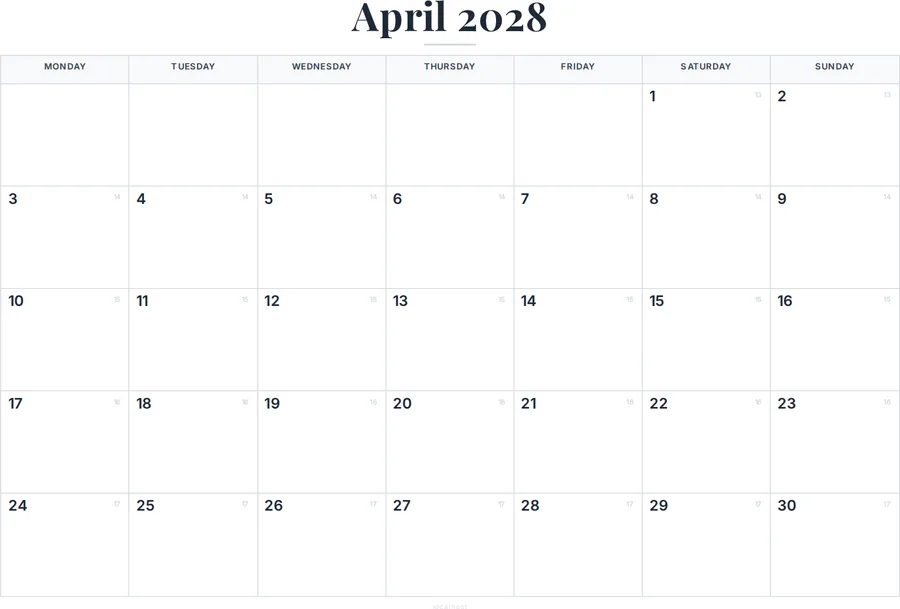 April 2028 Calendar Printable with UK Holidays preview