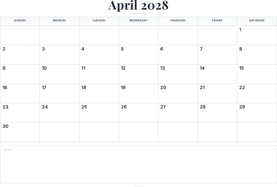 April 2028 Calendar Printable with Notes preview