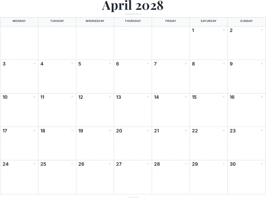 April 2028 Calendar with Holidays preview